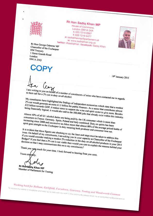 Letter from Rt Hon Sadiq Khan MP to Chancellor George Osborne to cut the duty by 2%