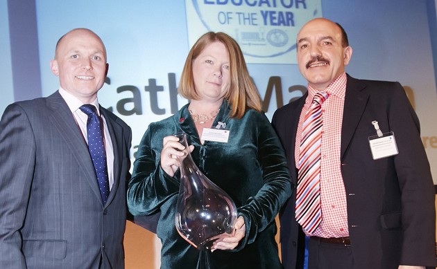 : International Educator of the Year, Cathy Marston AIWS, with Matt Knight of Riedel UK and WSET Honorary President Gerard Basset OBE MS MW